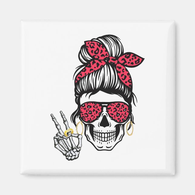 Boho Skeleton Peace Sign Messy Bun Ndana Halloween Magnet (Front)