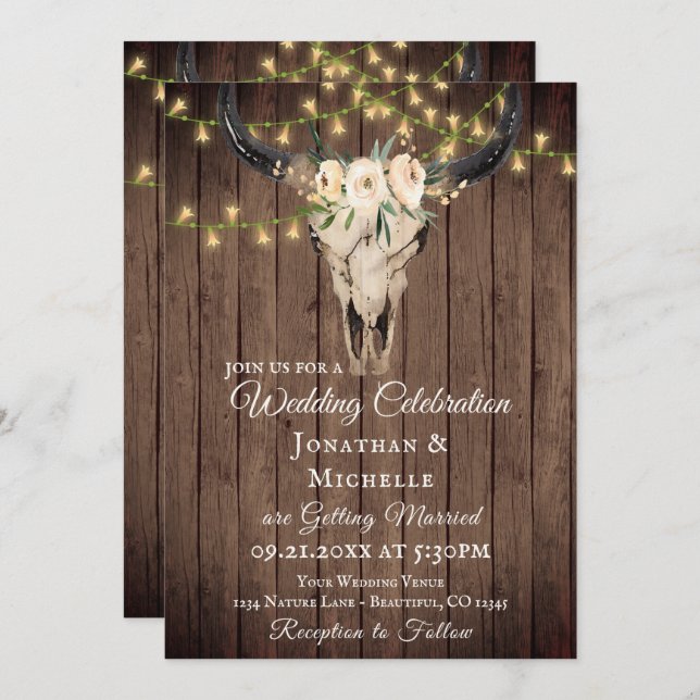 Boho Skull and Lights on Wood All In One Wedding Invitation (Front/Back)