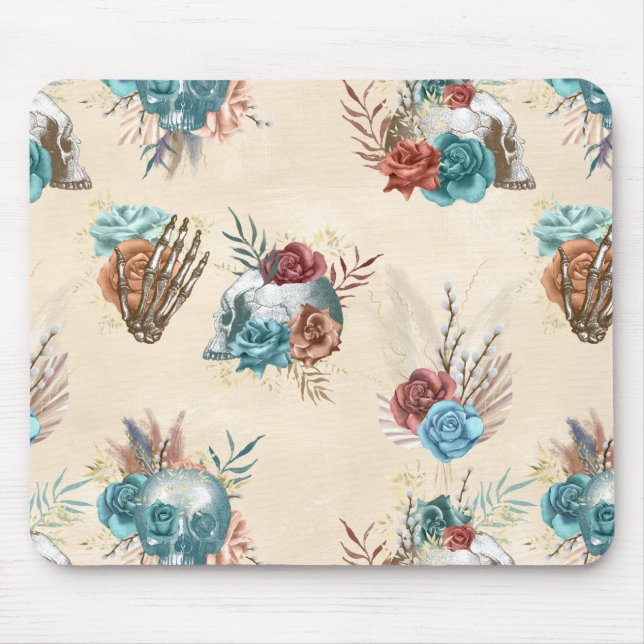 Boho Skull and Skeleton with Flowers Mouse Pad (Front)