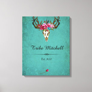 Boho Skull Flowers Family Name Wall Canvas Print