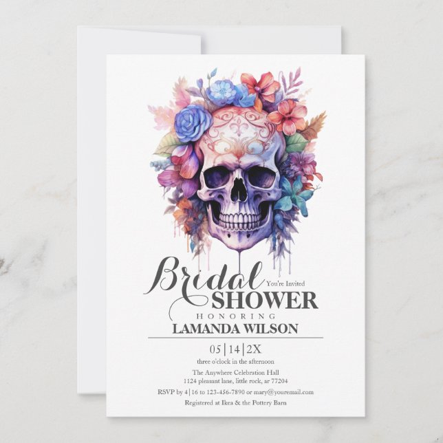 Boho Skull Gothic Watercolor Floral Bridal Shower Invitation (Front)