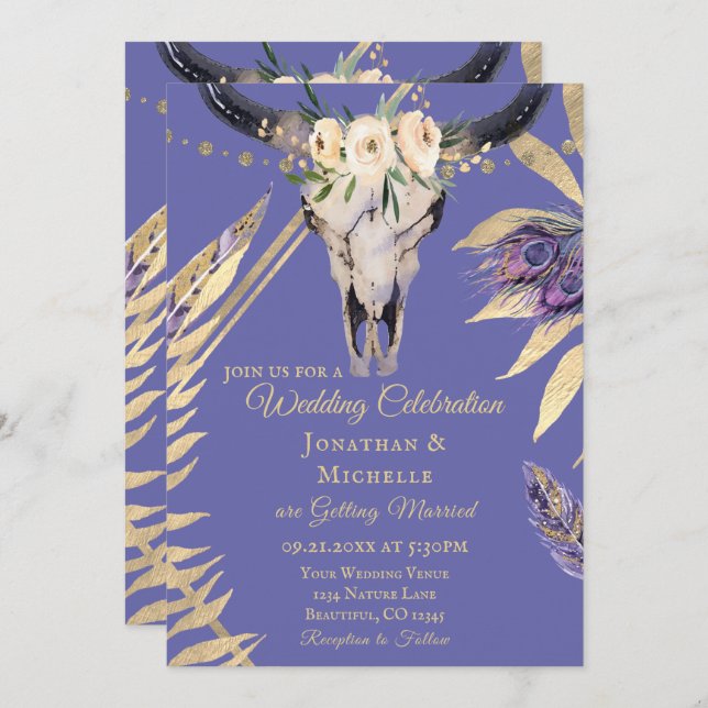 Boho Skull Periwinkle and Gold All In One Wedding Invitation (Front/Back)