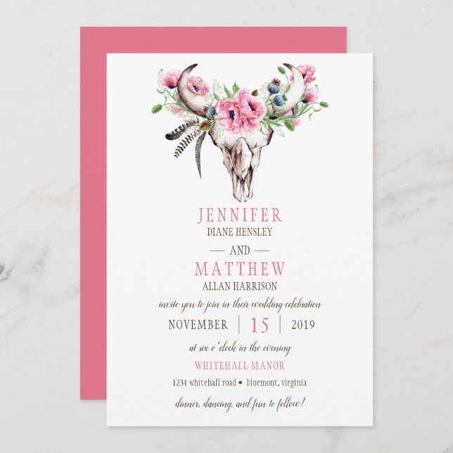 Boho Skull Pink Poppies Wedding Invitation (Front/Back)