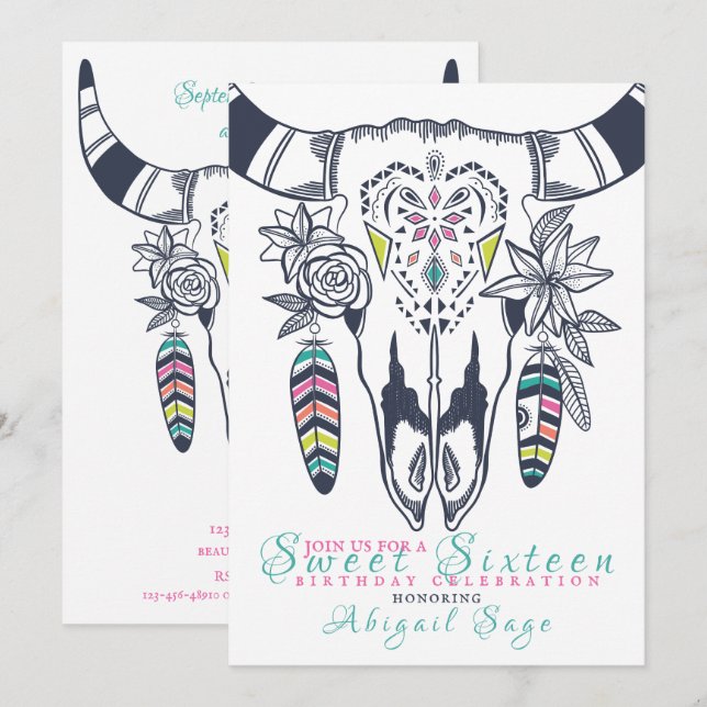 Boho Skull Turquoise n Pink Sweet Sixteen Birthday Invitation (Front/Back)