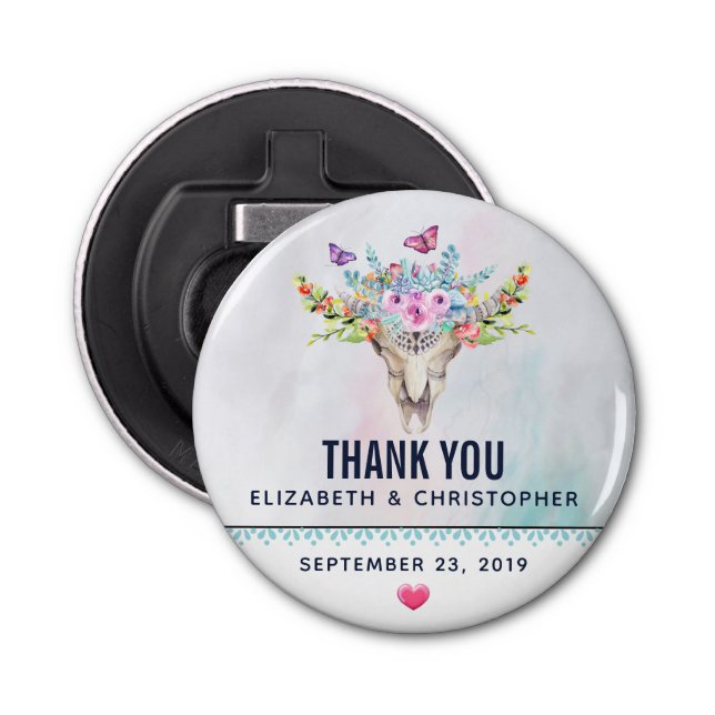 Boho Skull with a Floral Bouquet Wedding Bottle Opener (Front)