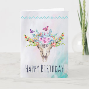 Boho Skull with Butterflies and Flowers Birthday Card
