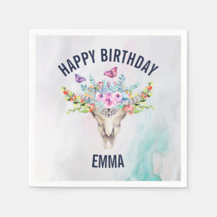 Boho Skull with Butterflies and Flowers Birthday Napkin