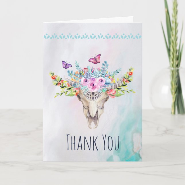 Boho Skull with Butterflies and Flowers Thank You Card (Front)