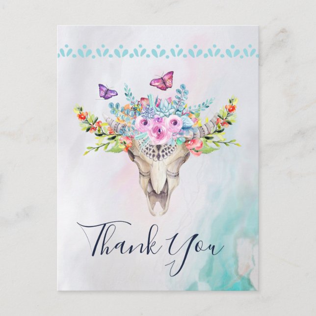 Boho Skull with Butterflies and Flowers Thank You Postcard (Front)