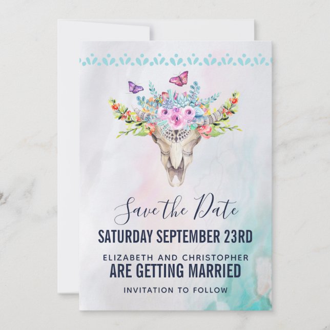 Boho Skull with Floral Bouquet Wedding Save The Date (Front)
