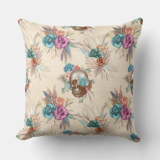 Boho Skull with Flowers Cushion (Front)