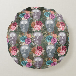 Boho Skull with Flowers Round Cushion