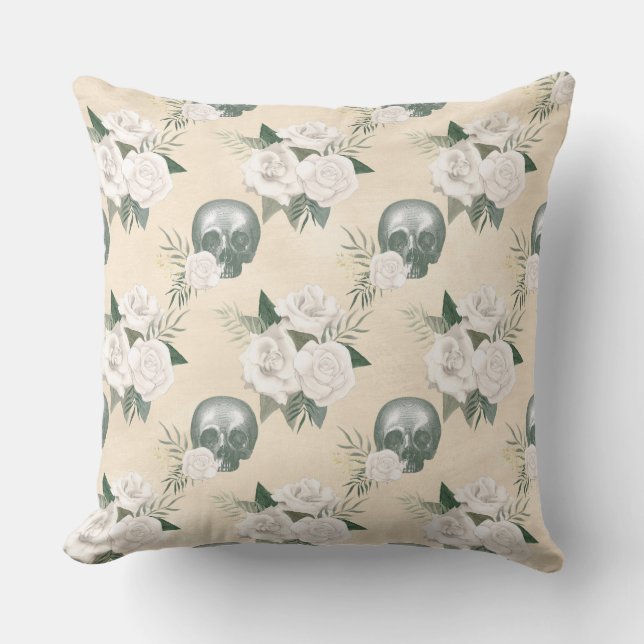 Boho Skull with White Roses Cushion (Front)