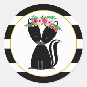 Boho Skunk Black + White Stripe Baby Shower Classic Round Sticker