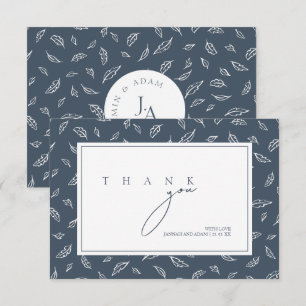 Boho Slate Blue Leaf Monogram Wedding Thank You Card