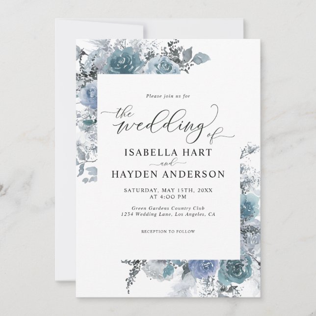 Boho Slate Floral Dusty Blue Pastel Wedding Invitation (Front)