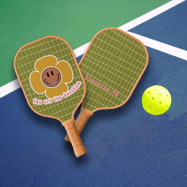 Boho Smiley Good Vibes Olive Pink Custom Name Pickleball Paddle (Creator Uploaded)