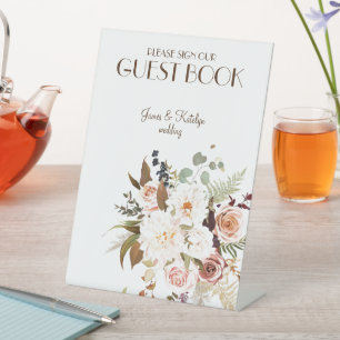 Boho Soft Coloured Rose/White Flowers Guest Book  Pedestal Sign