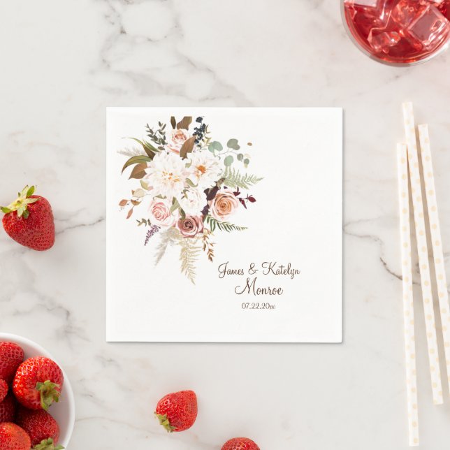 Boho Soft Coloured Rose/White Flowers Wedding Napkin (Insitu)