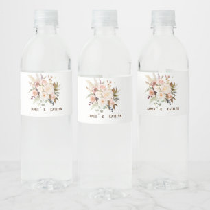 Boho Soft Coloured Rose/White Flowers Wedding Water Bottle Label