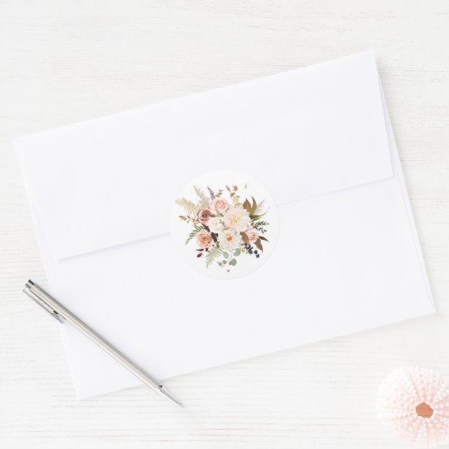 Boho Soft Coloured Roses White Flowers Wedding Classic Round Sticker (Envelope)