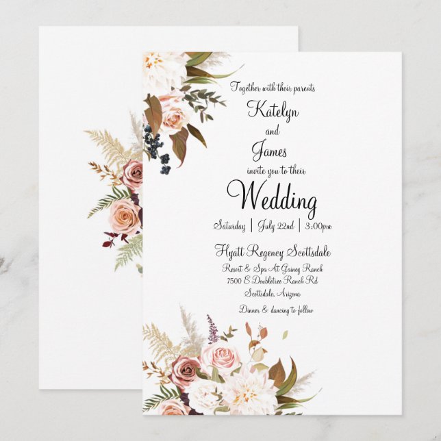 Boho Soft Coloured Roses & White Flowers Wedding Invitation (Front/Back)