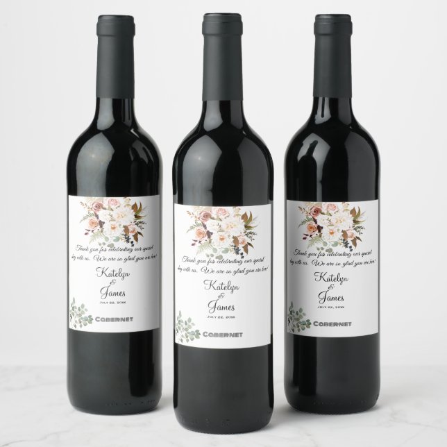 Boho, Soft Coloured Roses & White Flowers Wedding Wine Label (Bottles)