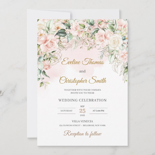 Boho soft pastel pink floral sage eucalyptus gold  invitation (Front)
