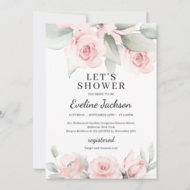 Boho soft pink floral and greenery bridal shower invitation (Front)