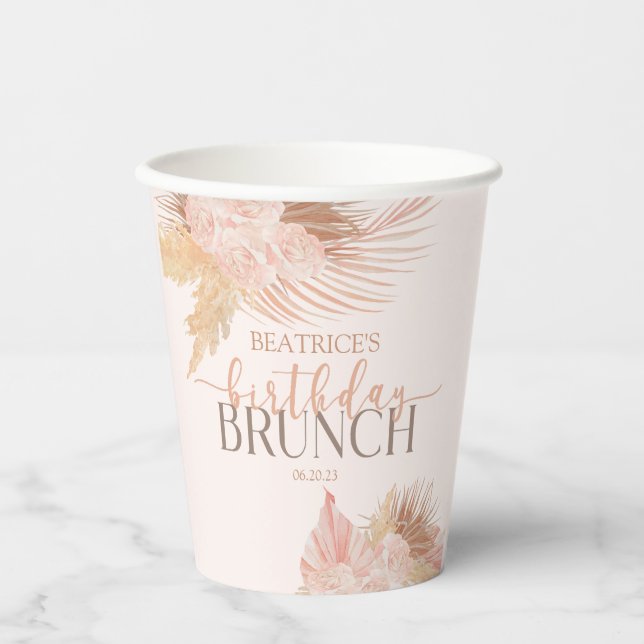 Boho Soft Pink Floral Flower Birthday Brunch Party Paper Cups (Front)