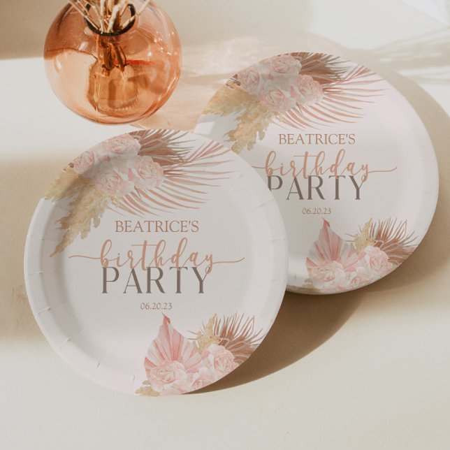 Boho Soft Pink Floral Flowers Birthday Party Paper Plate (Creator Uploaded)