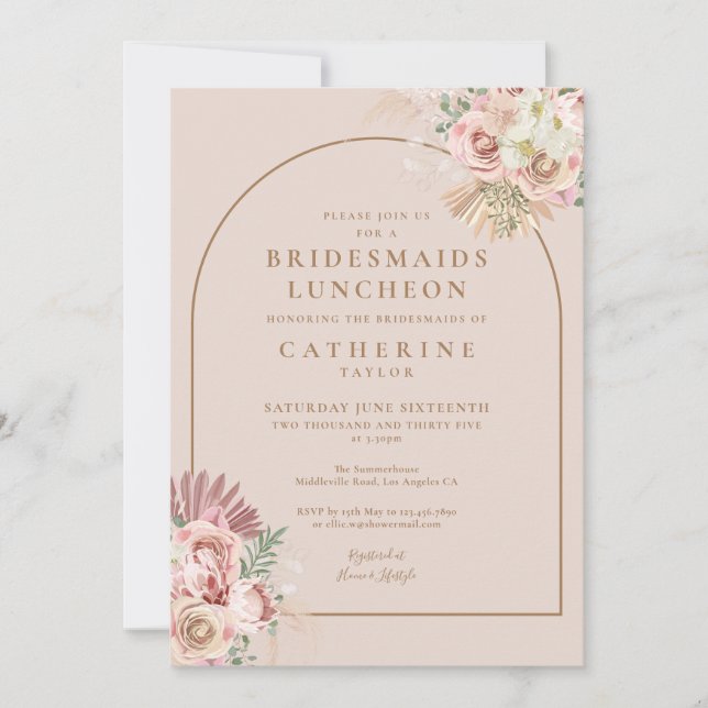 Boho Soft Pink Pampas Grass Bridesmaids Luncheon  Invitation (Front)
