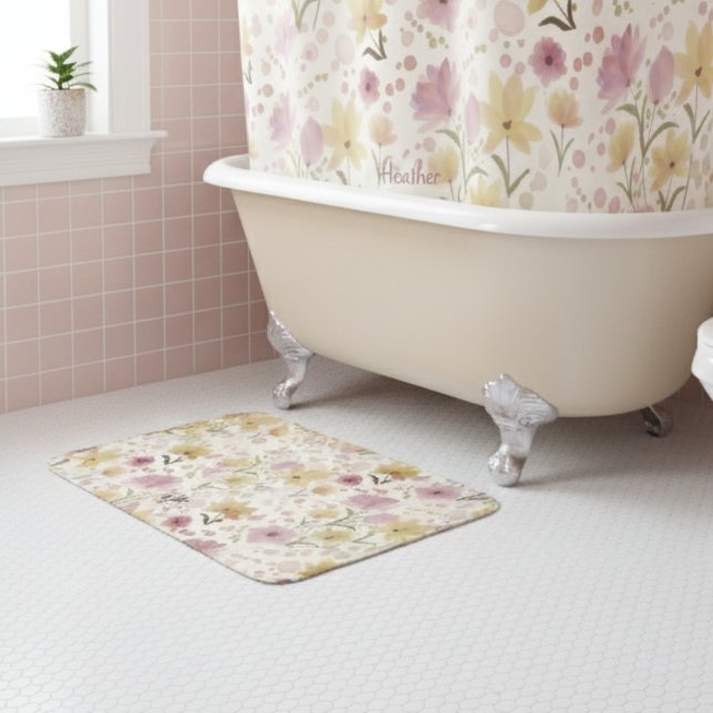 Boho Soft Pink Watercolor Wildflower  Bath Mat (Creator Uploaded)