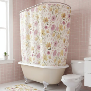 Boho Soft Pink Watercolor Wildflower Shower Curtain