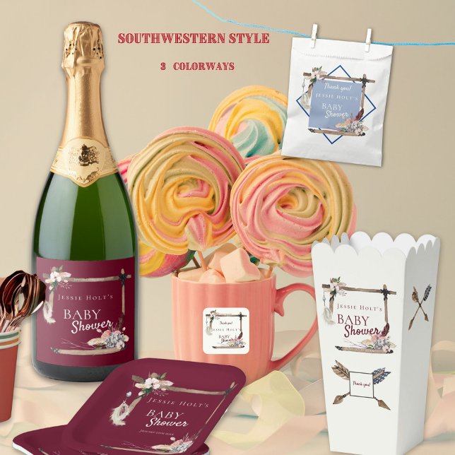 Boho Southwestern Chambray Baby Shower Paper Plate (Burgundy, Chambray, and Creme are the variations of the Boho Southwestern theme.)