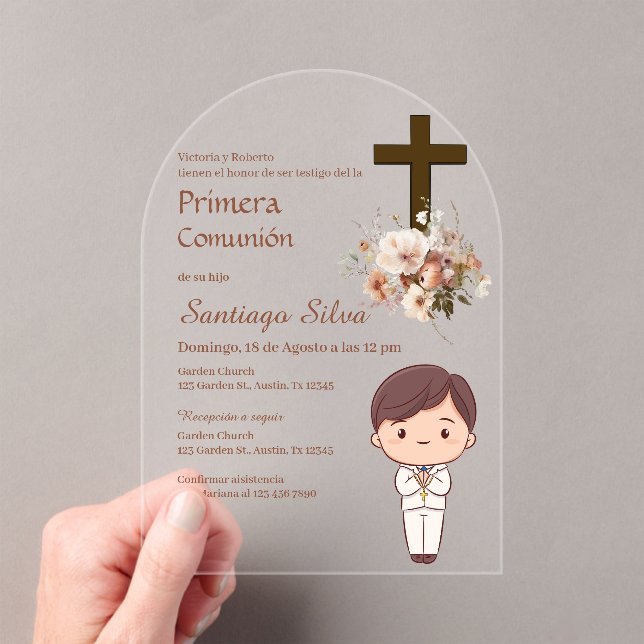 Boho Spanish First Holy Communion Acrylic Invitations (Insitu (Handheld))