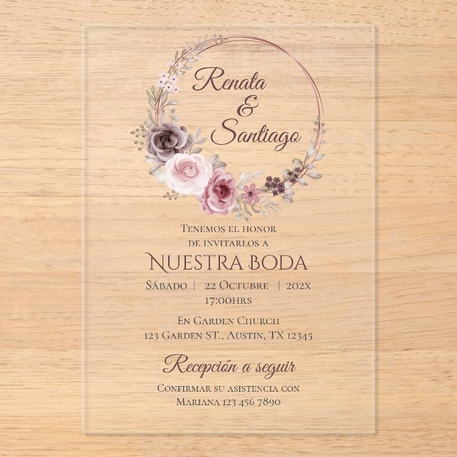 Boho Spanish Wedding Acrylic Invitation (Front)