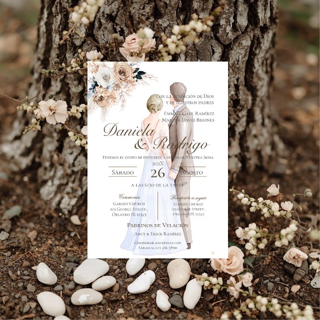 Boho Spanish with bride and groom wedding Invitation (Creator Uploaded)