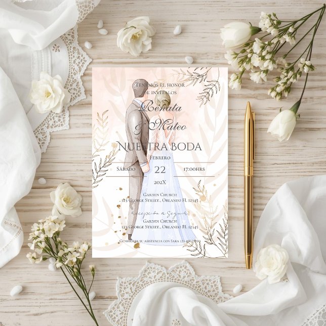 Boho Spanish with bride and groom wedding Invitation (Creator Uploaded)