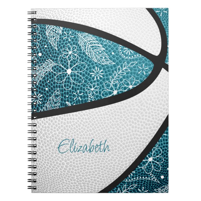 Boho sports doodle pattern teal white basketball notebook (Front)