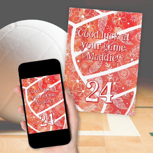 boho sports orange floral volleyball good luck card (Flat card with phone mockup)