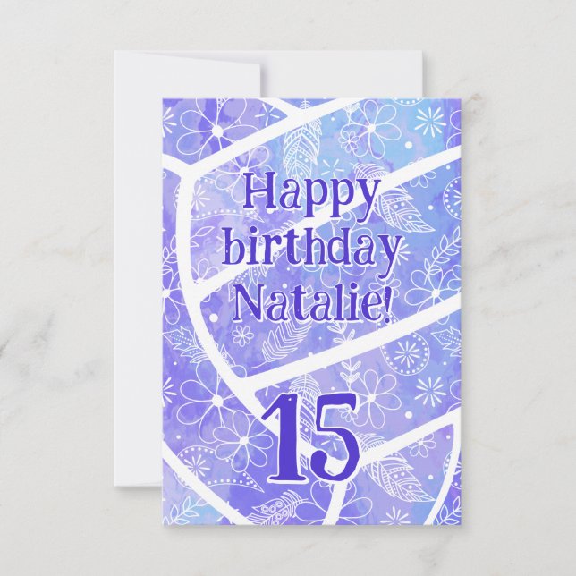 boho sports purple floral volleyball birthday card (Front)