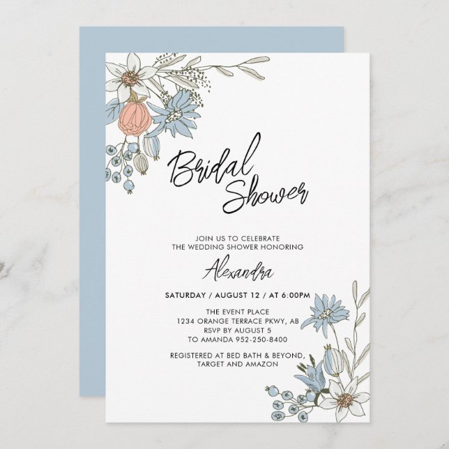 Boho Spring Blue Floral Bridal Brunch Shower Invit Invitation (Front/Back)