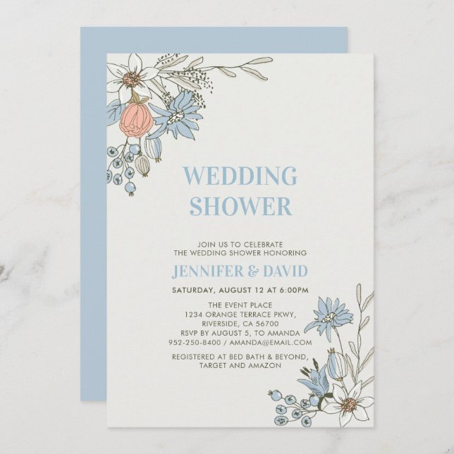 Boho Spring Blue Floral Couples Wedding Shower Inv Invitation (Front/Back)