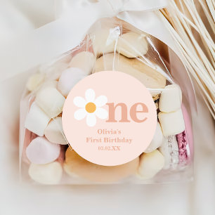 Boho Spring Blush Pink Daisy One First Birthday Classic Round Sticker