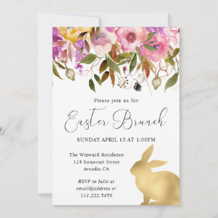 Boho Spring Flowers and Gold Bunnies Easter Brunch Invitation