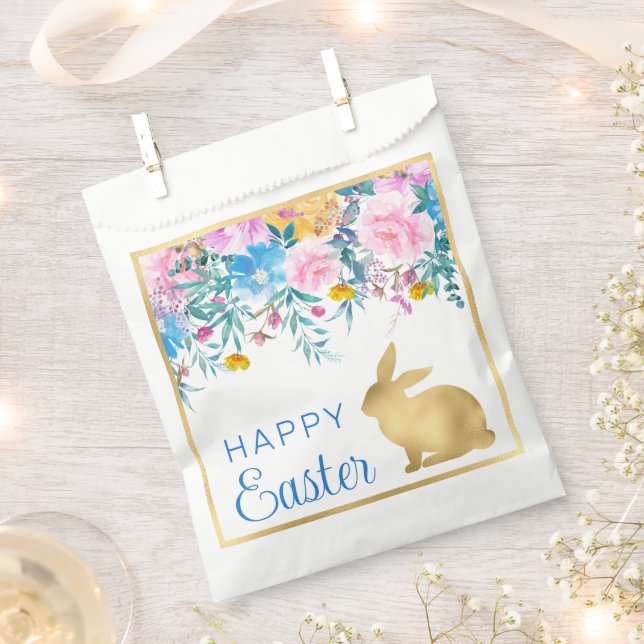 Boho Spring Flowers and Gold Bunnies Happy Easter Favour Bags (Clipped)