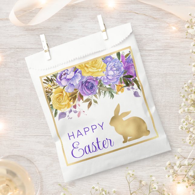 Boho Spring Flowers and Gold Bunnies Happy Easter Favour Bags (Clipped)