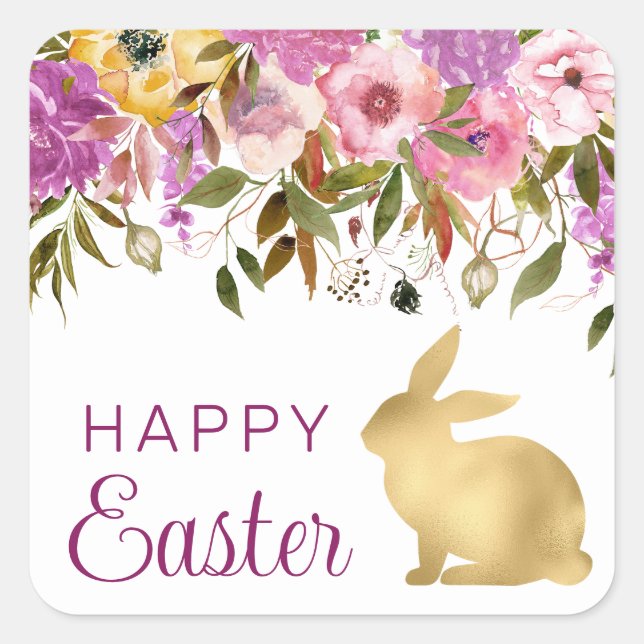 Boho Spring Flowers and Gold Bunnies Happy Easter Square Sticker (Front)