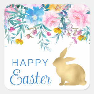 Boho Spring Flowers and Gold Bunnies Happy Easter Square Sticker